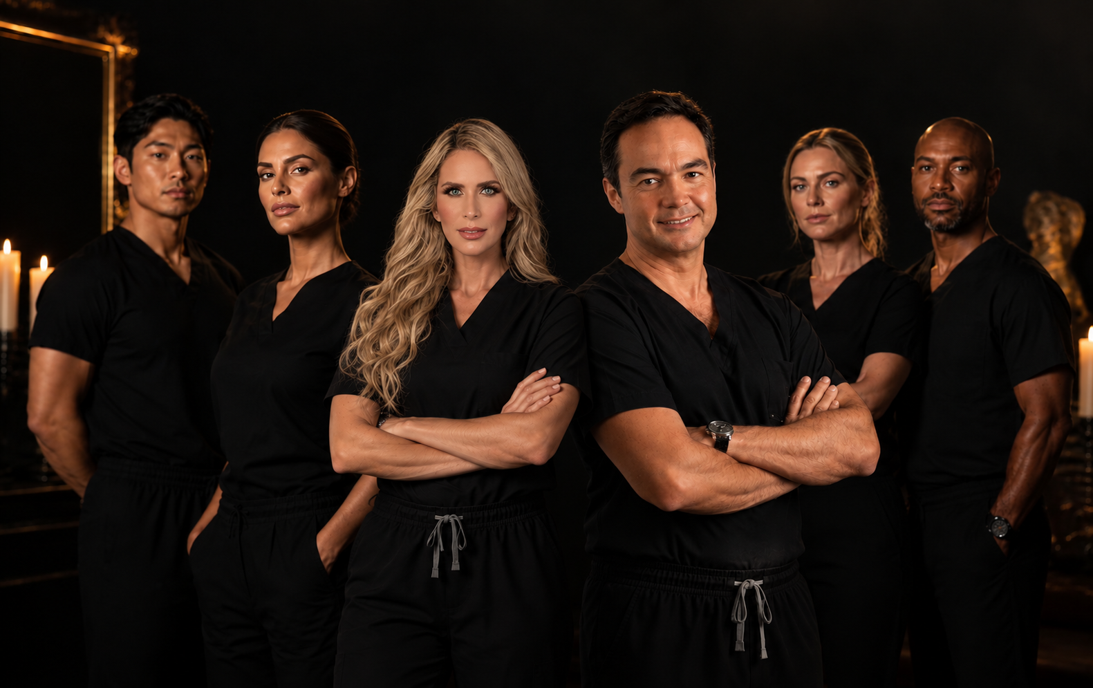 Plastic surgeons dressed in black lit by warm gold light