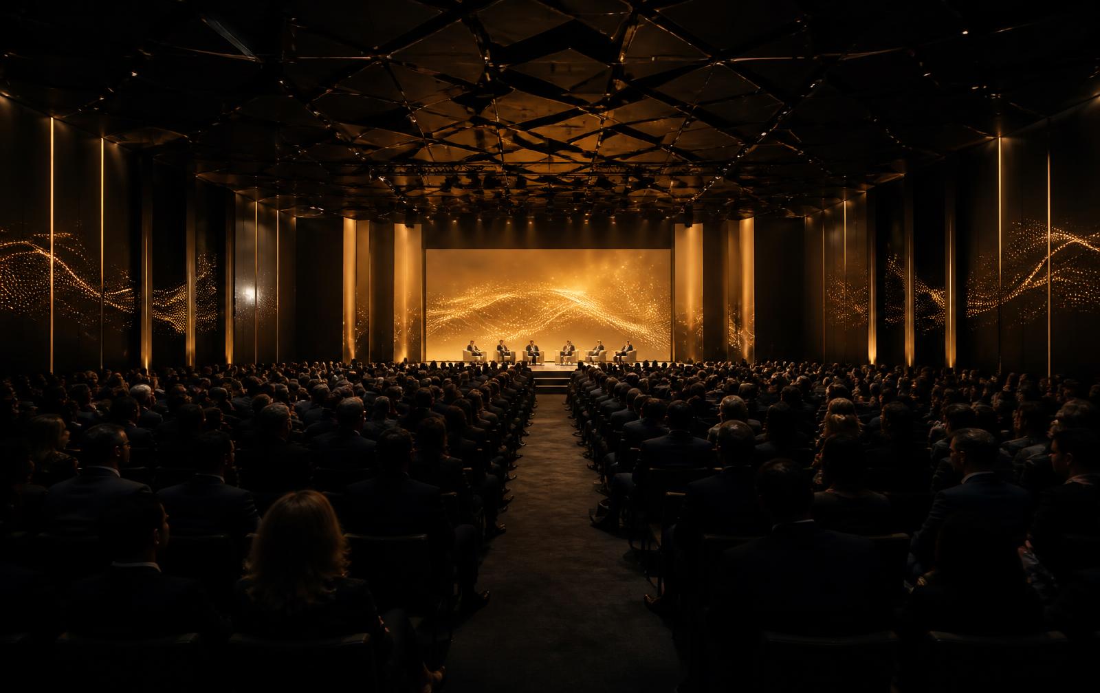 Dark congress auditorium filled with attendees facing a gold-lit stage
