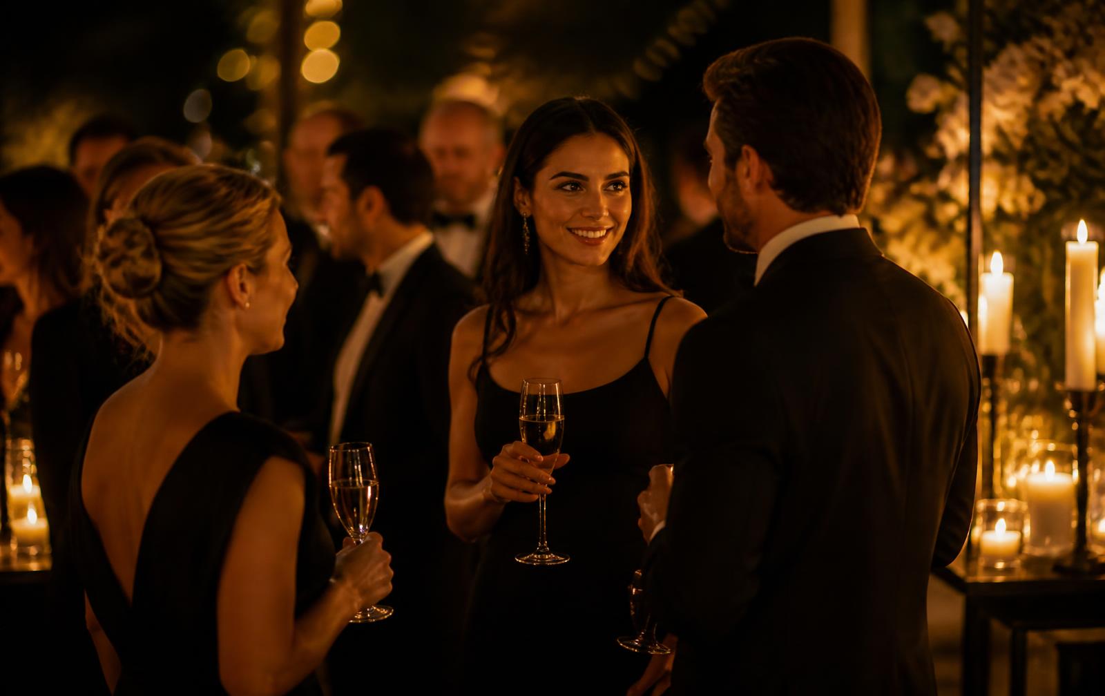 Guests in black formal attire at a candlelit welcome cocktail