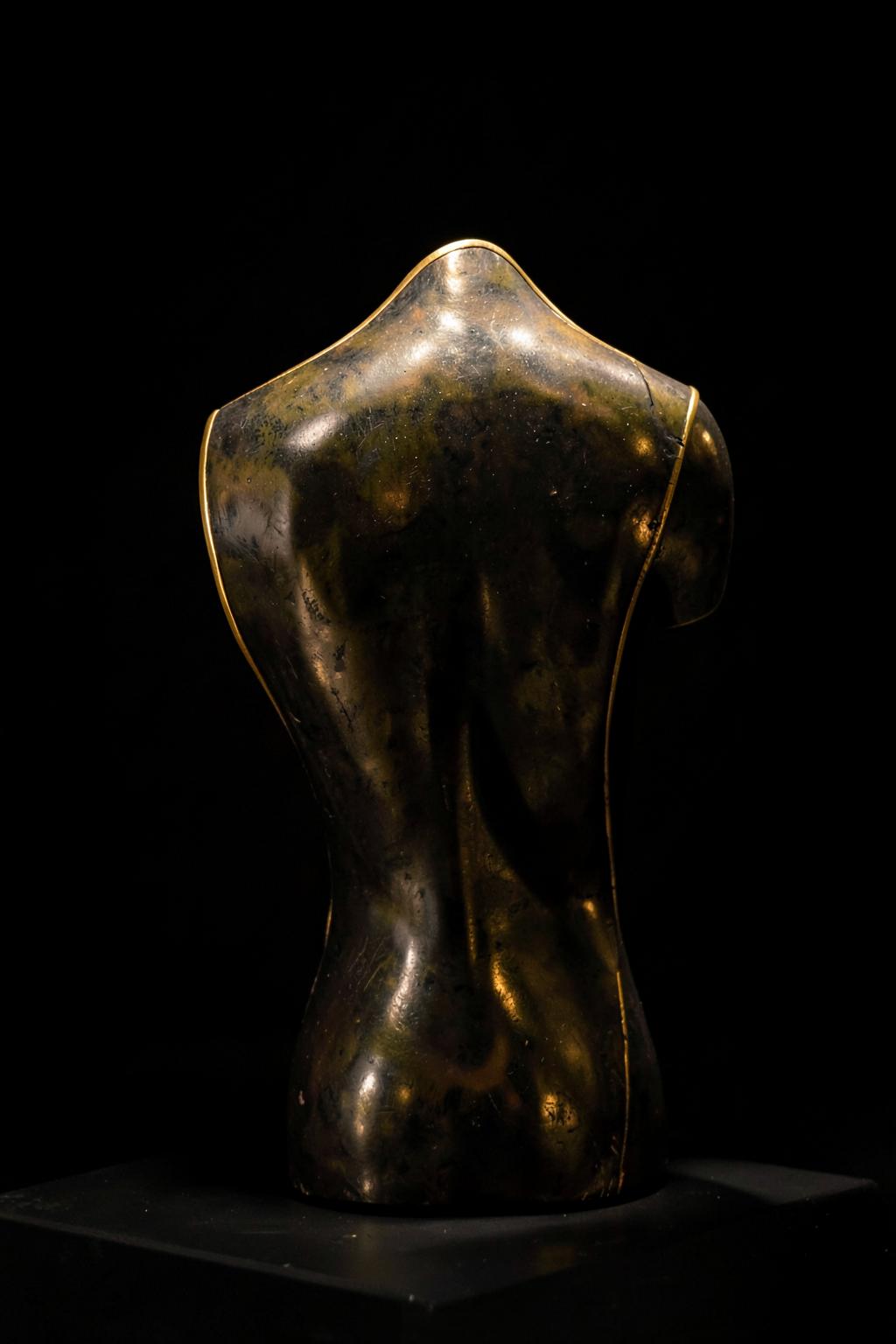 Sculptural bronze body contour lit by a single warm gold rim light