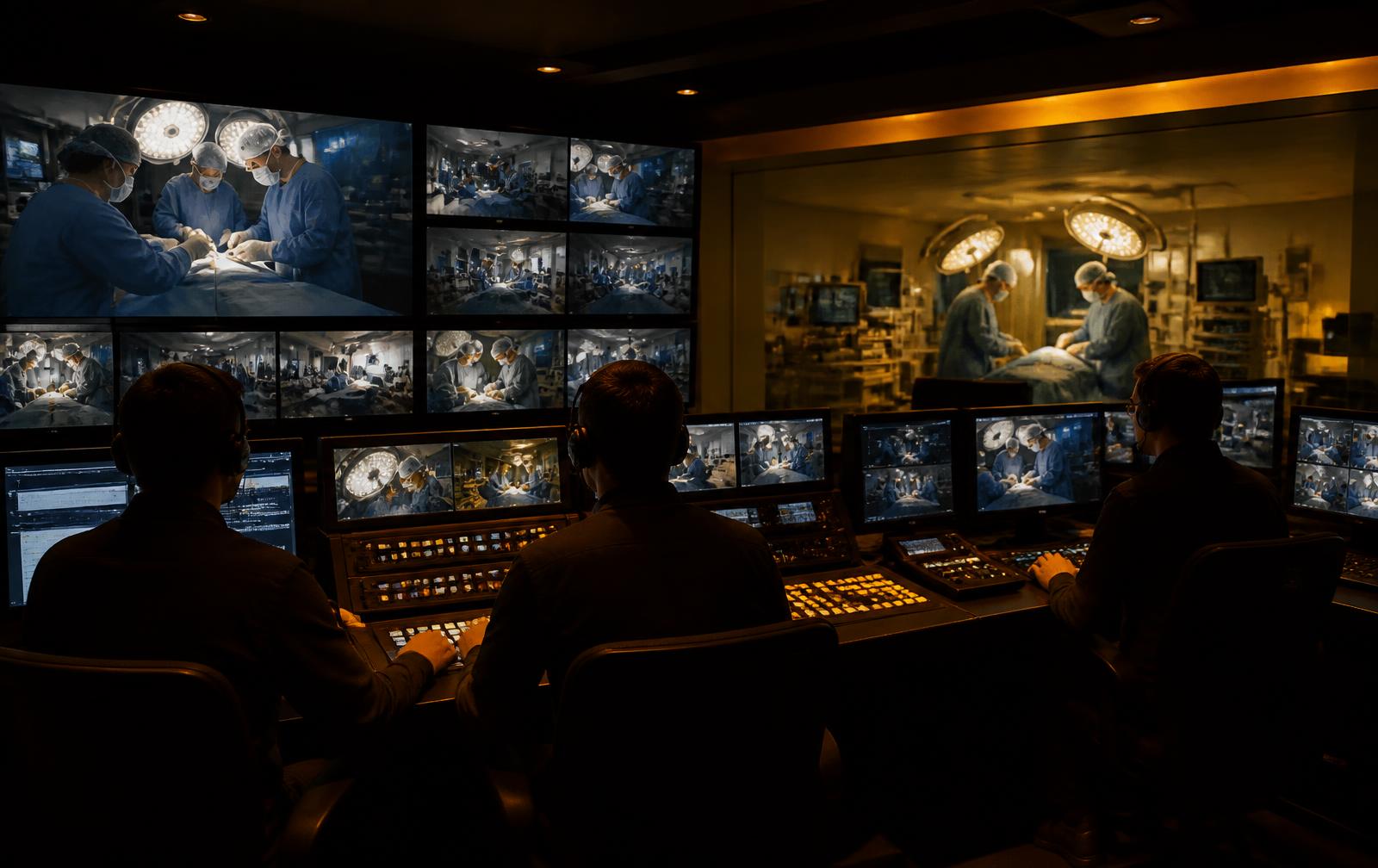 Live broadcast control room showing operating room feeds